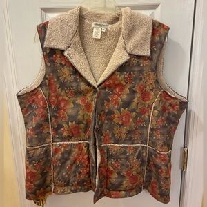 Coldwater Creek Red Floral Vest with Sherpa Collar